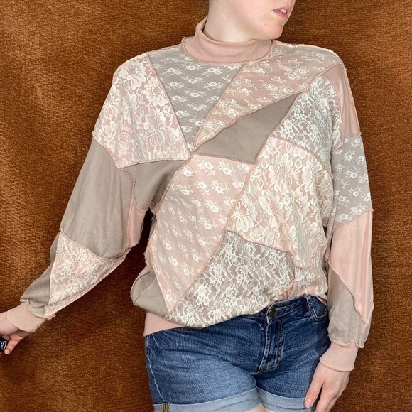 Vintage Tops - Vintage Rafeal Geometric Pastel Pink/Brown Lace Colorblock Sweatshirt, Size L.